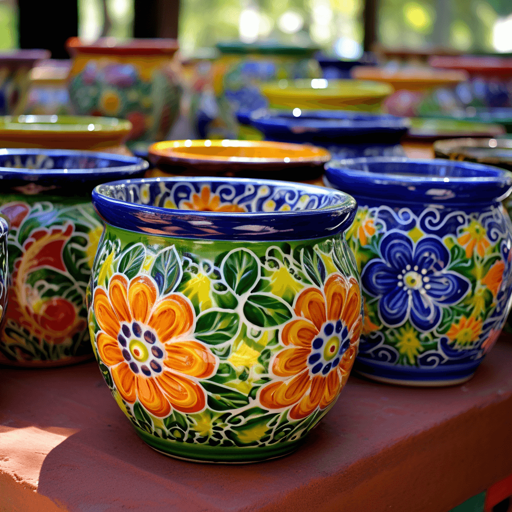 Colorful Talavera ceramic pots for sale in a plant nursery in Kendall.